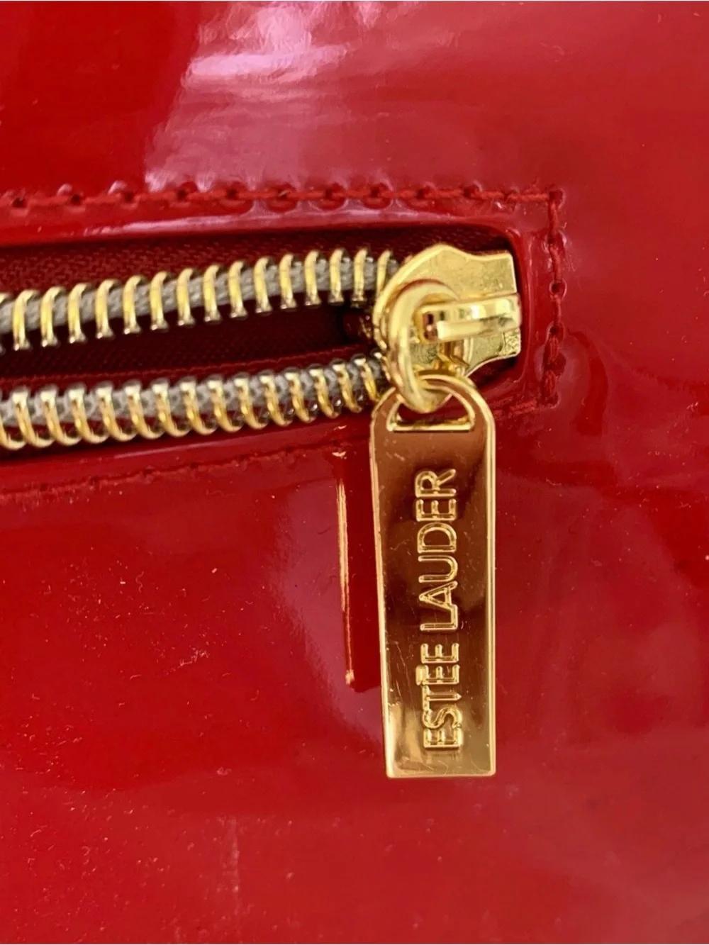Estēe Lauder Red Faux Patent Leather Train Travel Case w/ Gold Hardware
